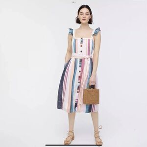 J. Crew Size 4 Square Neck Striped Dress Button Up Belted 100% Linen Lined